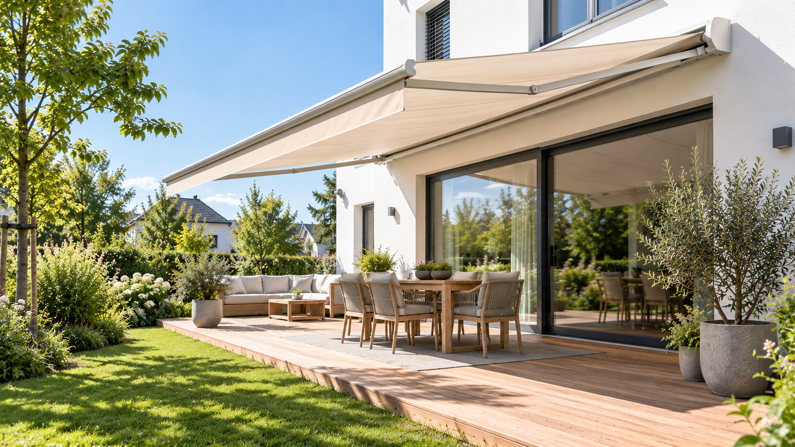 Ausgefahrene Markise über einer Holzterrasse