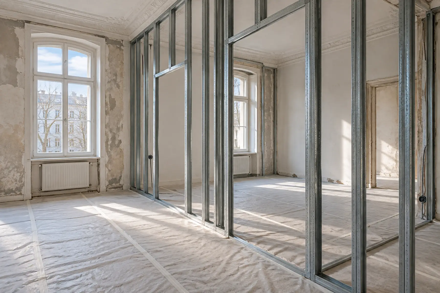 Metallständerwerk in einem leeren Altbauzimmer