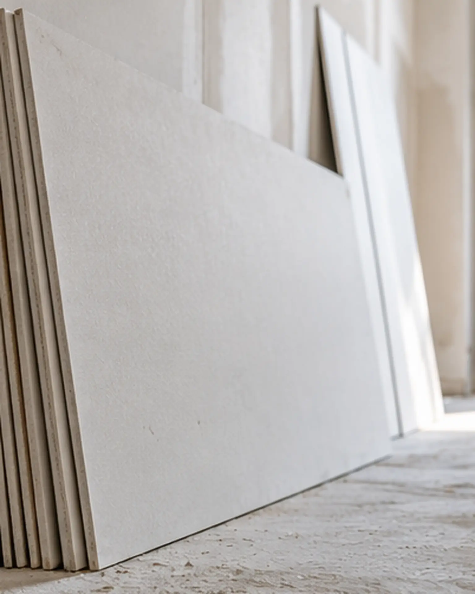 Gestapelte Gipskartonplatten an einer Wand