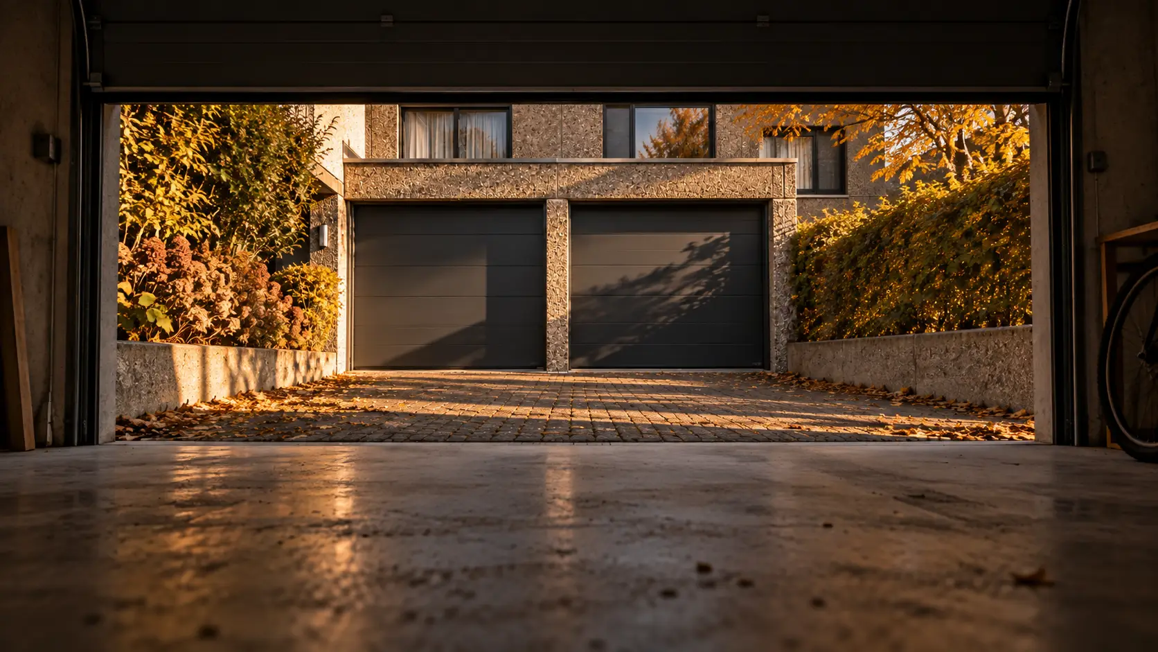Blick aus der Garage auf die sonnige Einfahrt