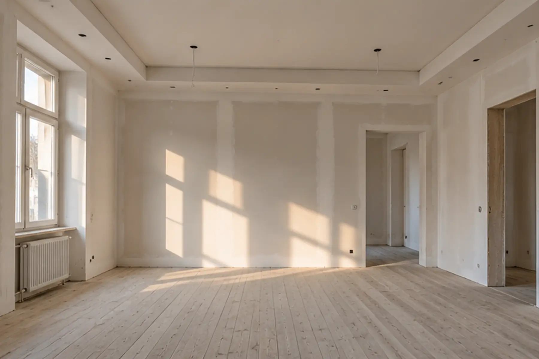Fertig gespachtelter Raum mit abgehängter Decke