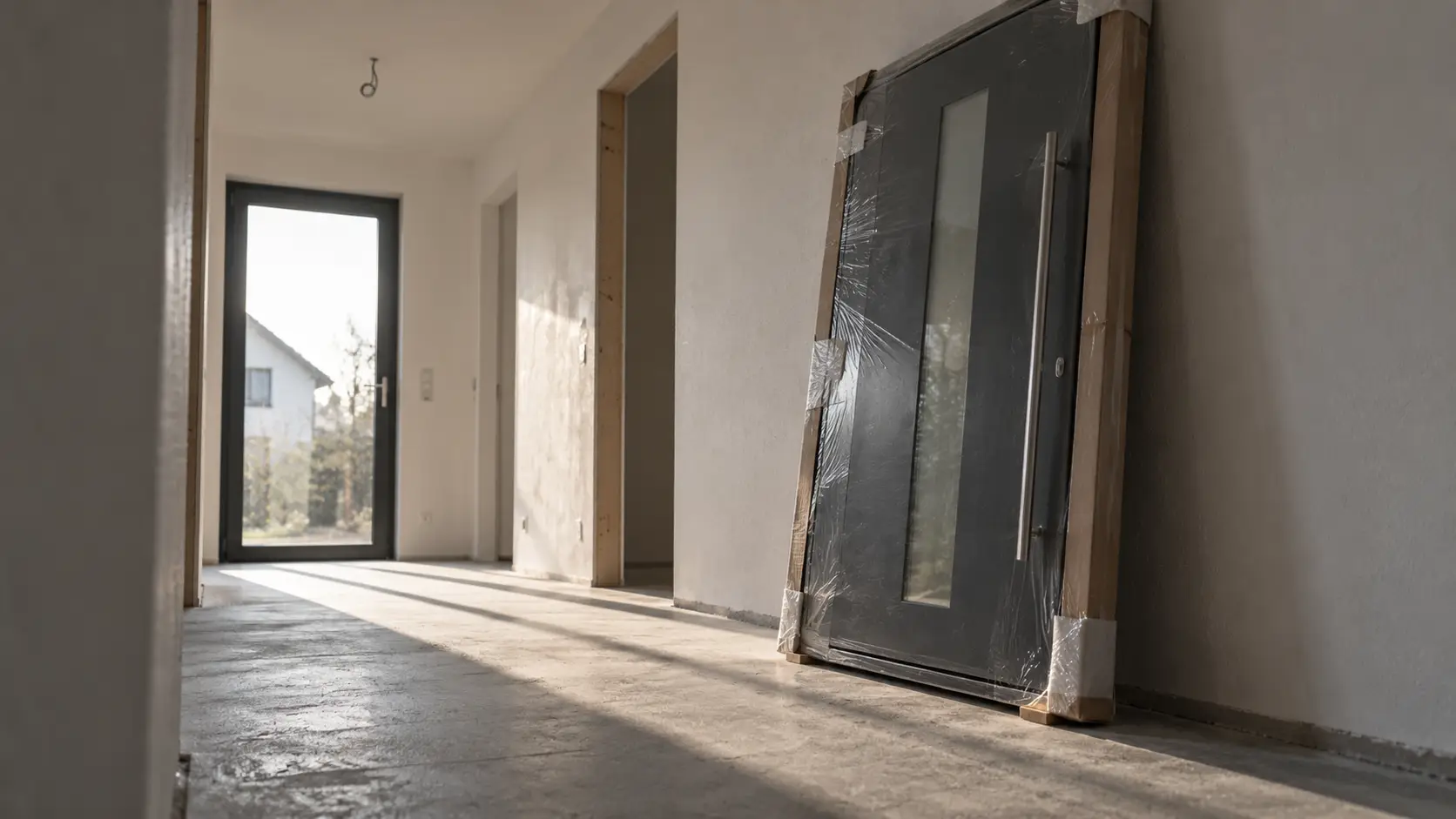 Verpackte Innentür im leeren Flur vor der Montage