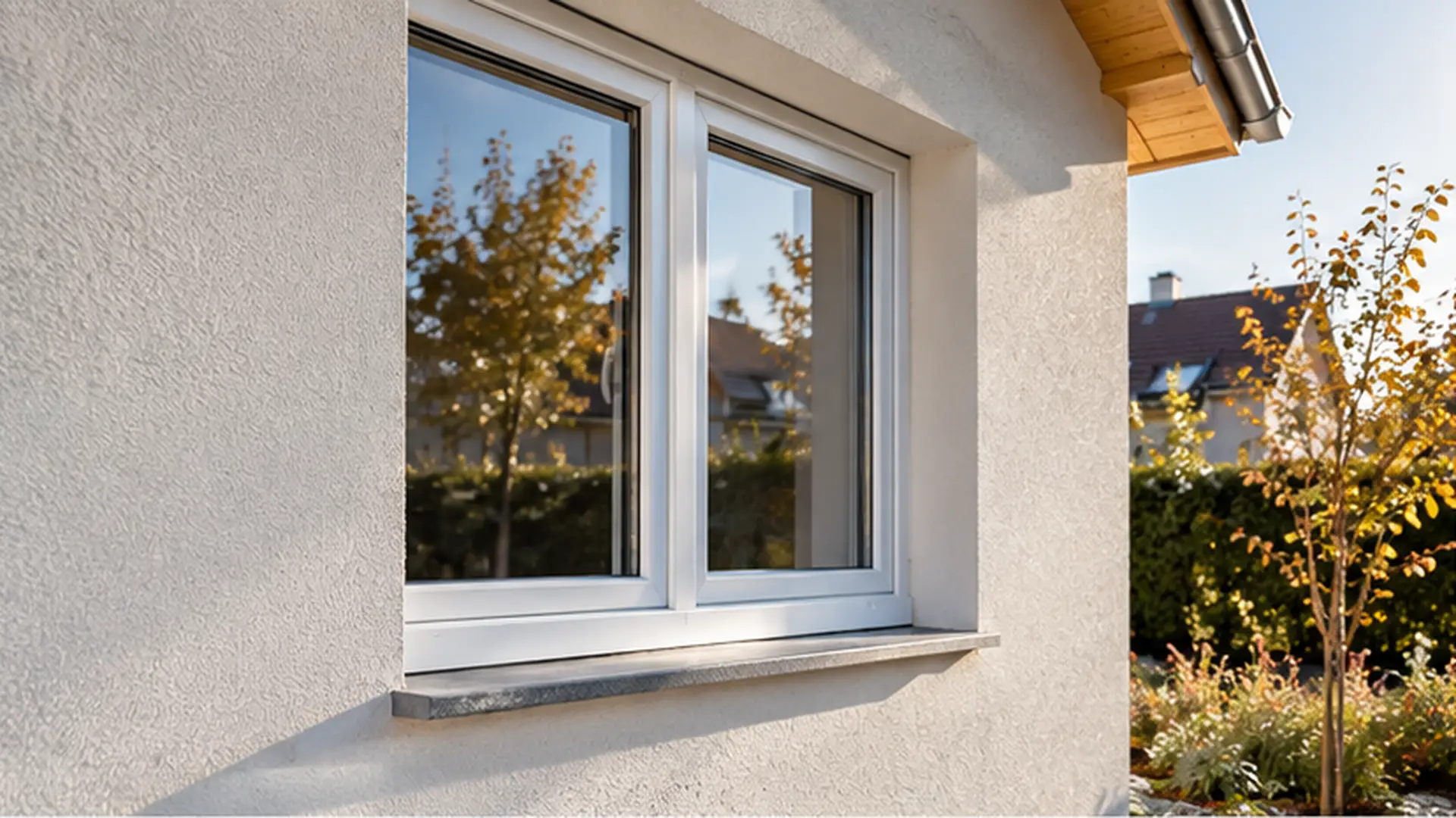 Neu eingebautes weißes Fenster in einer hellen Putzfassade