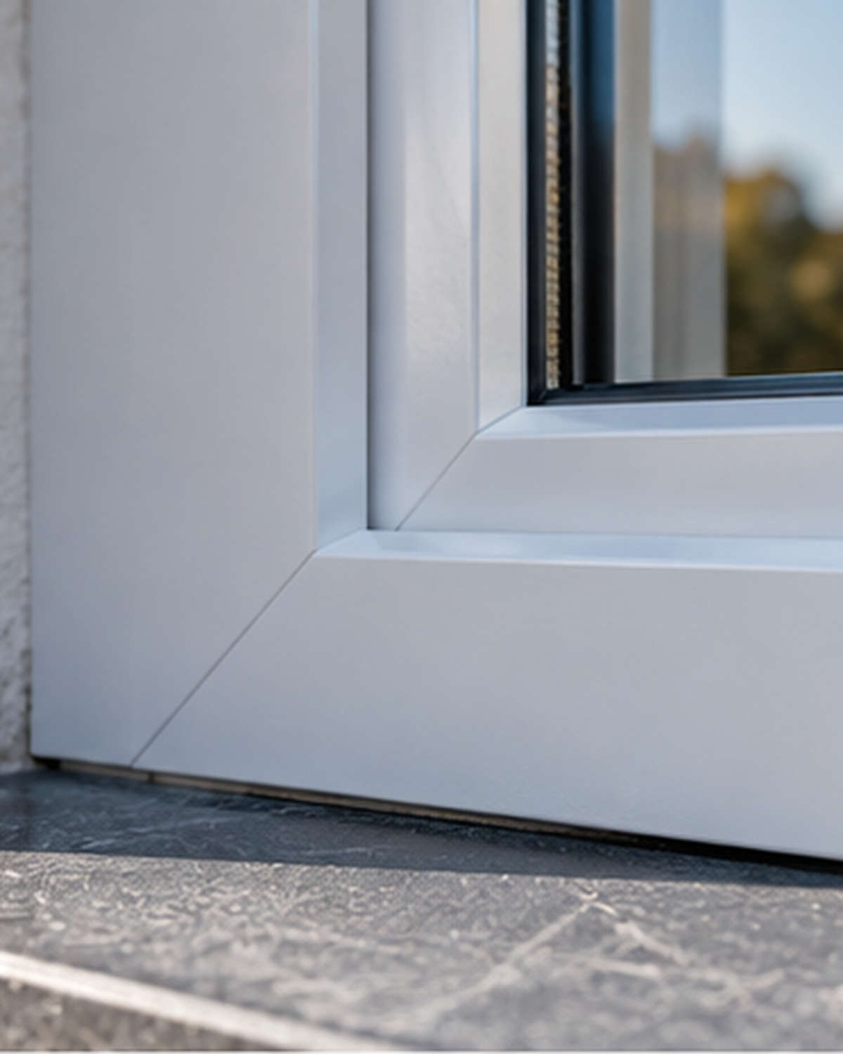 Detail der Rahmenecke eines neuen Fensters an der Fensterbank